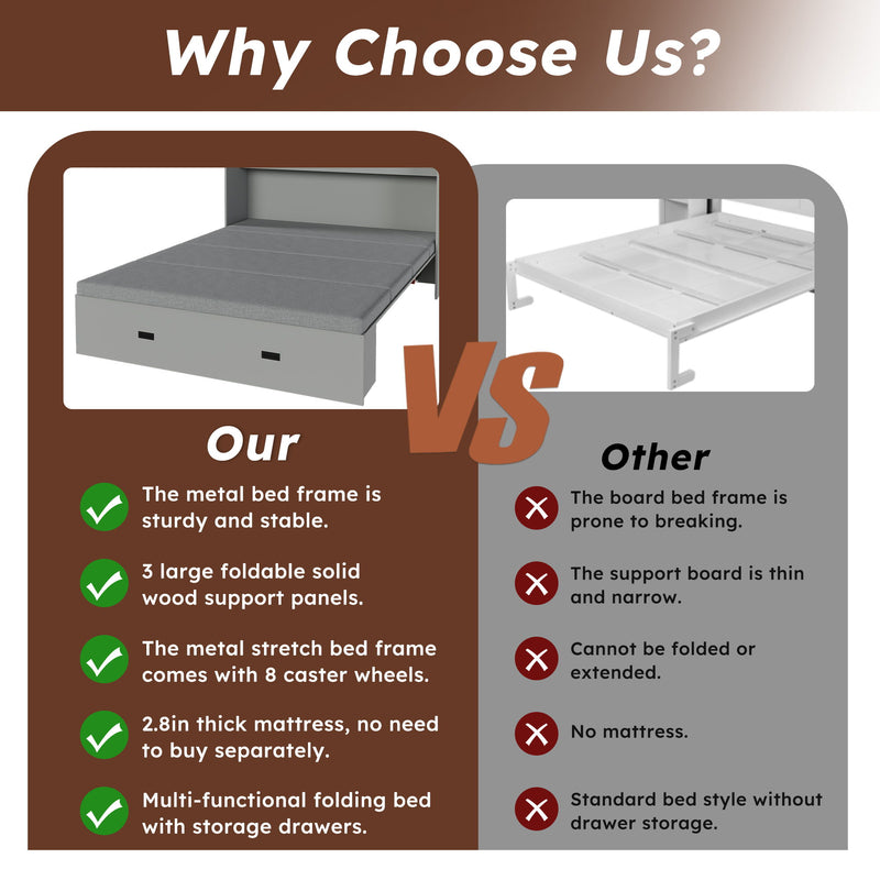 Full Murphy Bed With Storage Drawers, Charging Station, Foldable Panels, And Silent Swivel Wheels