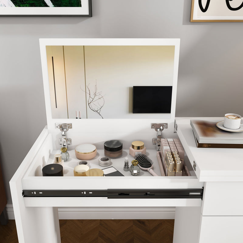 Folding Desk With Mirror And Storage Stol For Bedroom