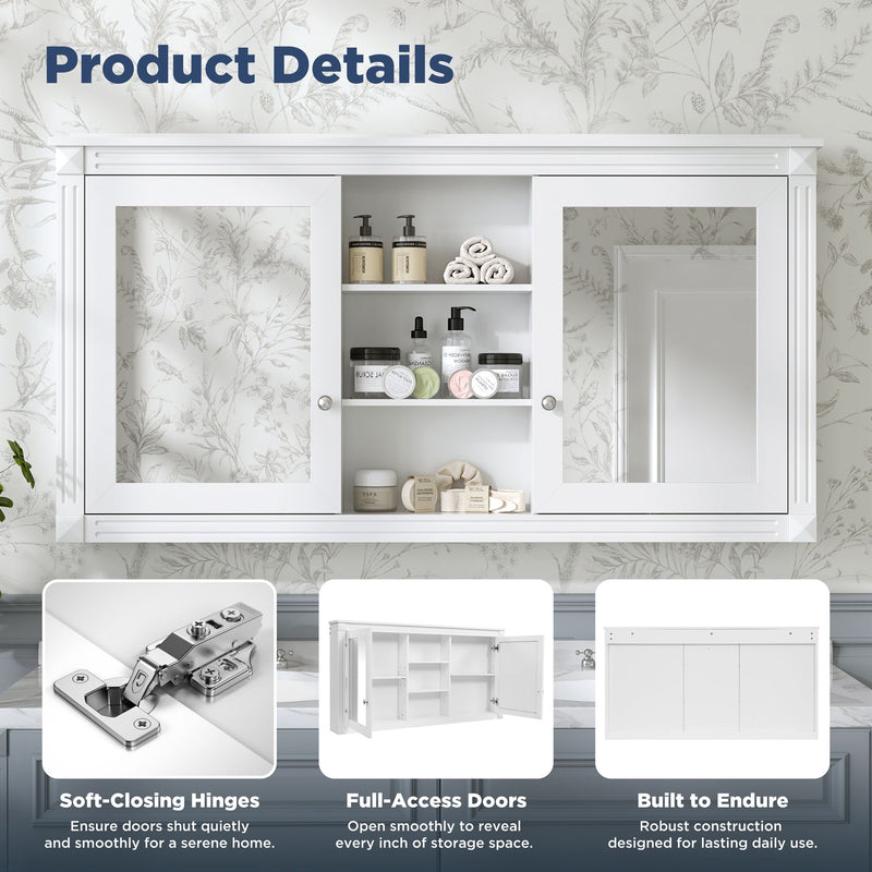 Modern Wall-Mount 2 In 1 Mirror Cabinet With Adjustable Shelves, Soft-Closing Hinges