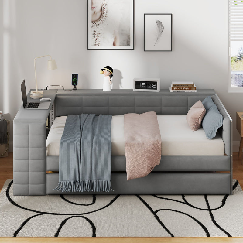 Upholstered Platform Bed With Storage Shelves, Desk, Charging Station And Trundle