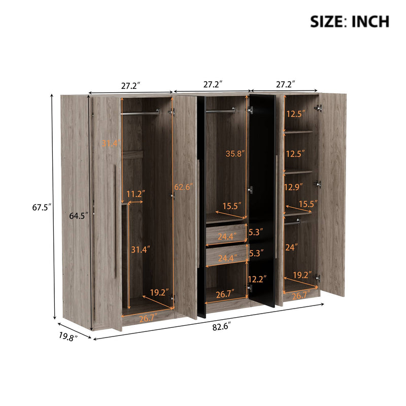 6 Doors Wardrobe Storage For Bedroom, With 2 Drawers Inside - Black / Nature