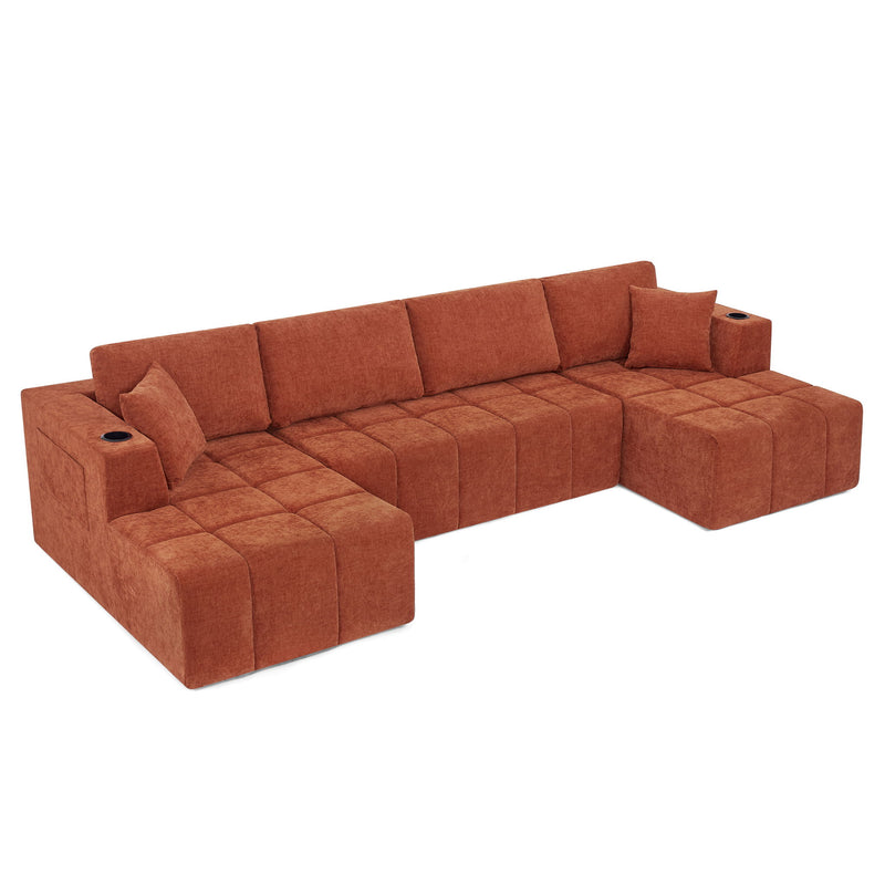 U - Shaped Sectional Sofa, Cup Holders & Side Pockets For Living Room