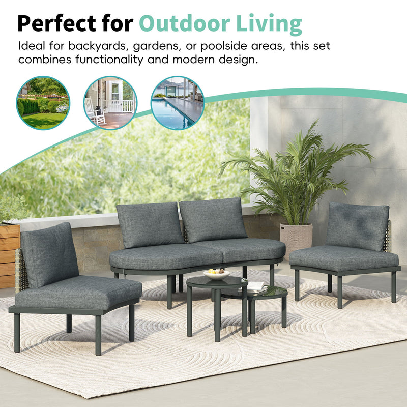 6 Piece Patio Set, Half Moon Outdoor Sectional Sofa With 2 High Low Coffee Tables, 4 Pillows & Cushions