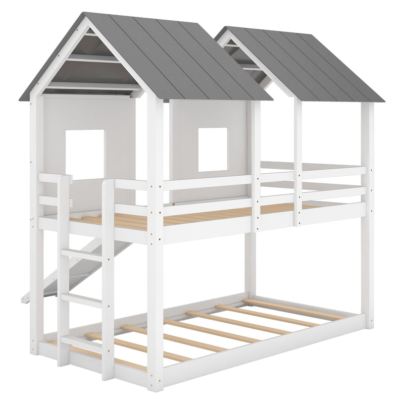 Twin Over Twin House Bunk Bed & Slide And Windows - White