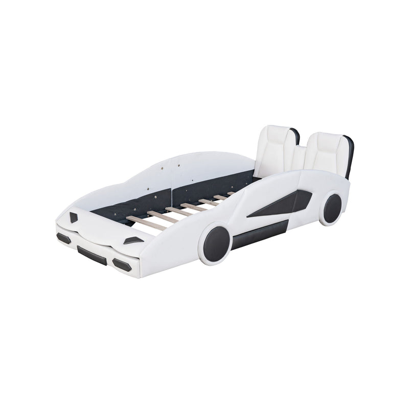 Race Car Shaped Twin Platform Bed With Wheels, Pine Wood Construction