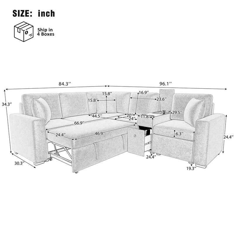 Modular L-Shaped Sectional Sofa Bed With Pull-Out Sleeper, Cup Holders, And Storage