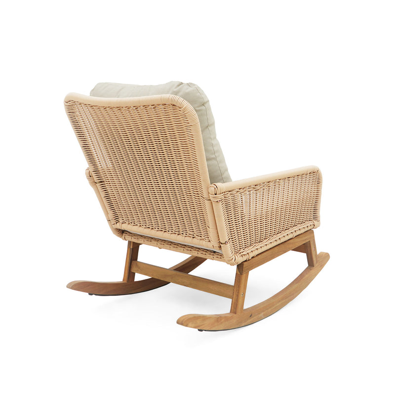 Modern 3 Piece Outdoor Seating Set With Cushioned Rattan Rocking Chairs And Wooden Accent Table