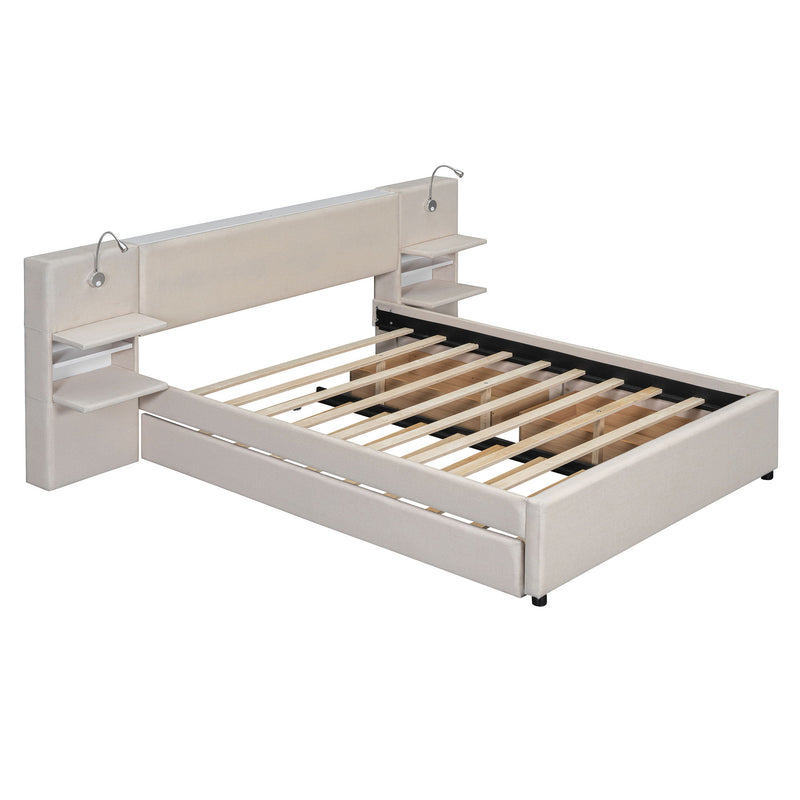 Upholstered Platform Bed With Reading Lights, Drawers, Trundle And Shelves