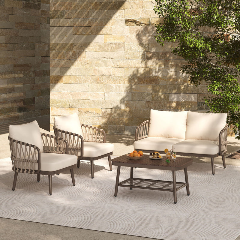 4 Piece Outdoor Patio Furniture Set, Metal Chairs With Woven Rope U Shaped Backrest