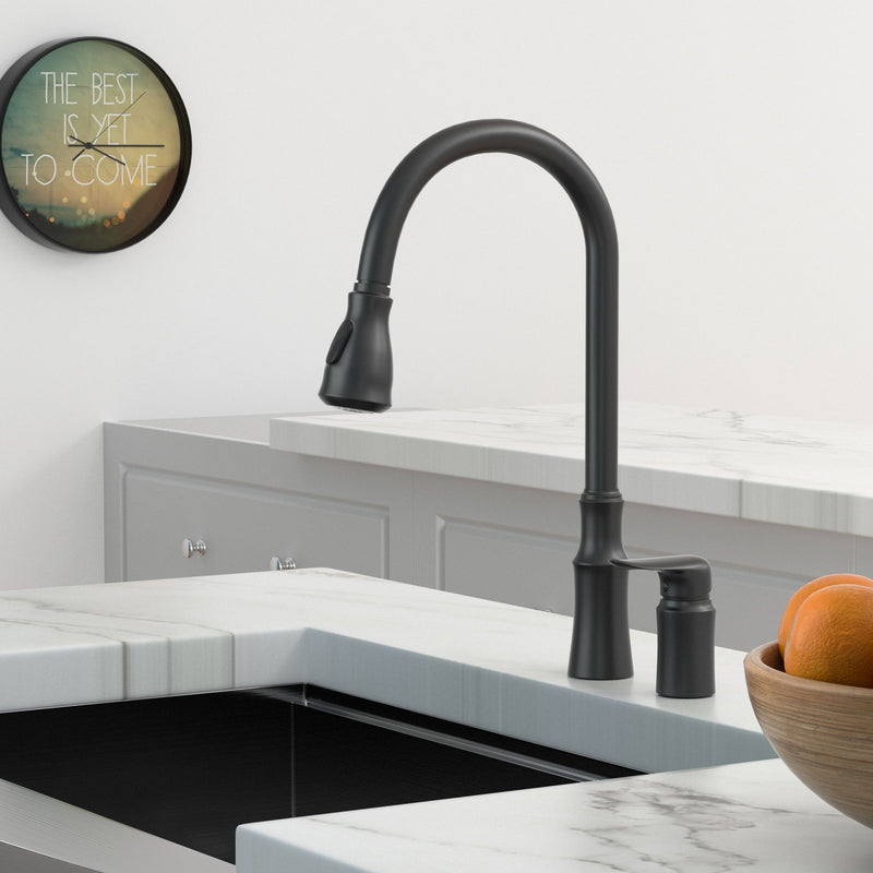 16.9" Kitchen Sink Faucet With Separate Handle And Pull Down Sprayer, Lead Free Brass - Matte Black