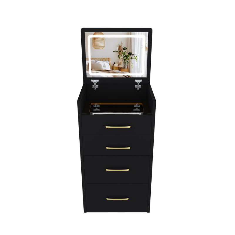 3 In 1 Vanity Desk With Open Top Mirror, Glass Desktop Makeup Set With 3 Drawers, Compact Dressing Table For Bedroom - Black