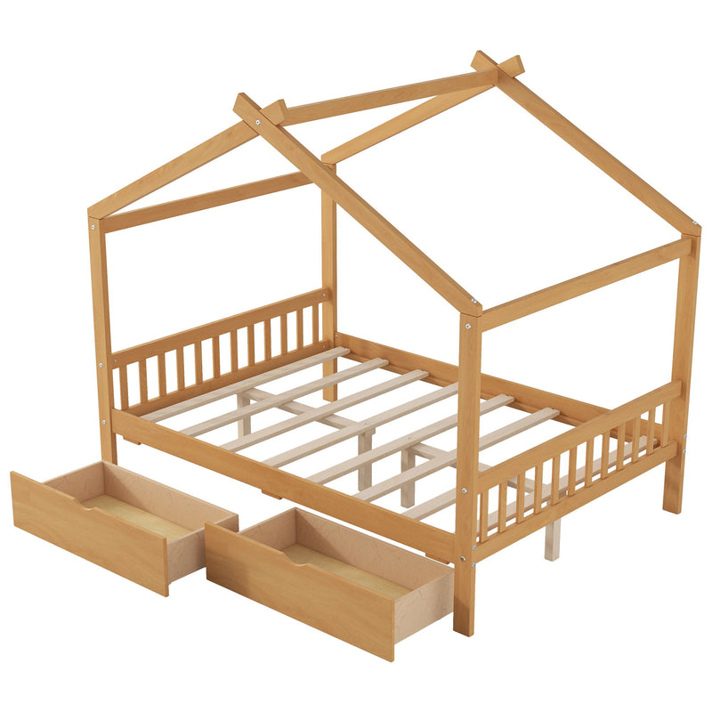 House Style Platform Bed With Headboard, Footboard, 2 Drawers, And Roof Design