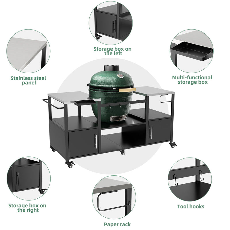 Outdoor Grill Table For Big Egg Style Bbq With Metal Grill Cart And Storage Box And Metal And Stainless Steel - Black / Silver