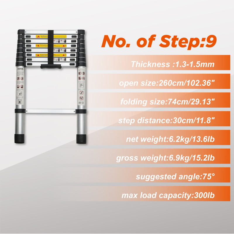 Telescopic Extension Ladder, Folding Portable Multi Purpose For Indoor Outdoor Work - Black