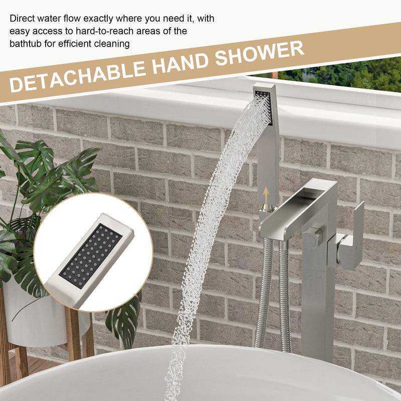 Freestanding Bathtub Faucet Waterfall Tub Filler Floor Mount Solid Brass With Hand Shower - Brushed Nickel