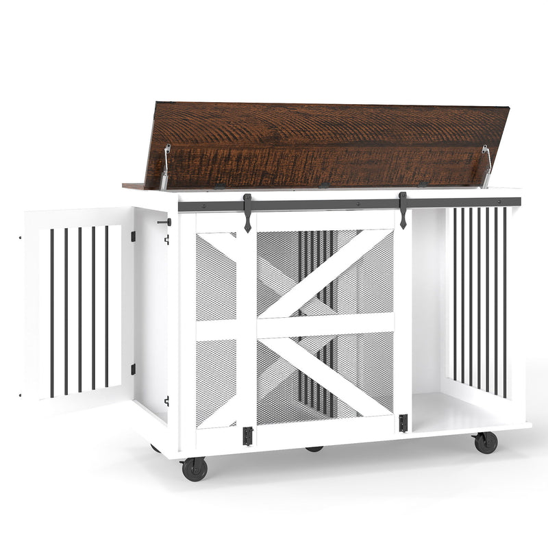 Mobile Dog Crate With Flip Top Feeding Door, Dual Access & 5 Caster System (2 Locking) - Brown White