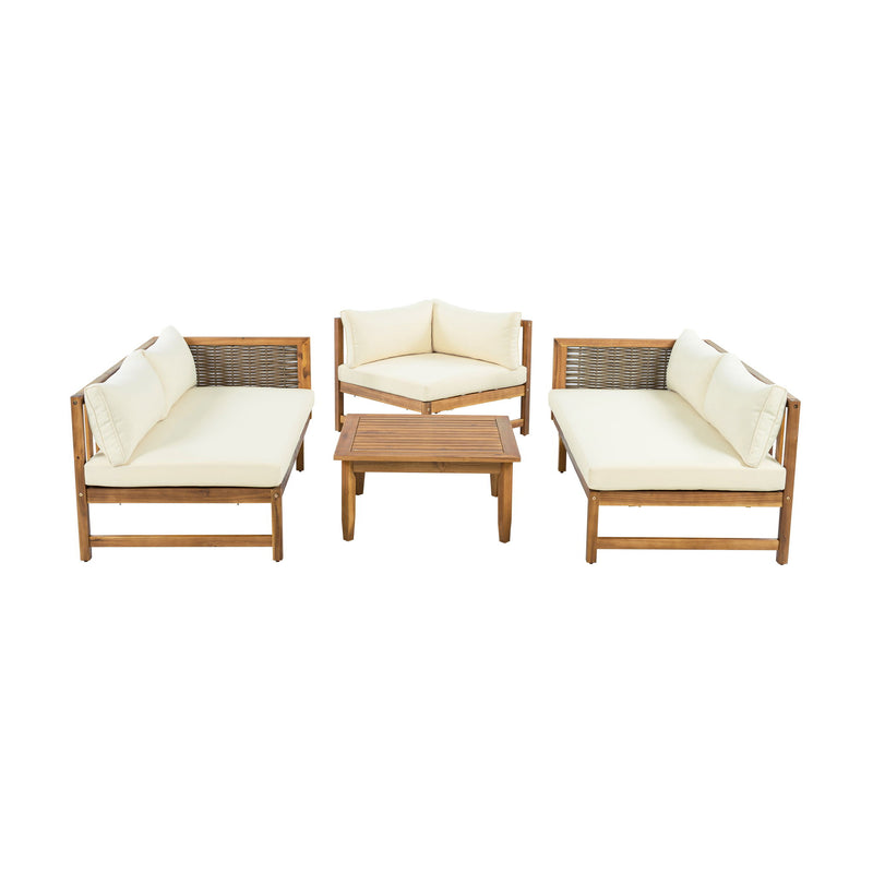 Premium Outdoor Sofa Set With Waterproof Cushions Sectional Seating Group With Acacia Wood And Wicker - Brown Mix / Beige