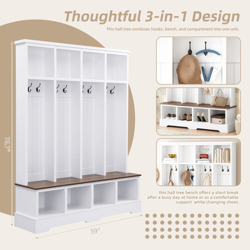 Hall Tree With 8 Hooks, Practical Entryway Bench With Open Compartments