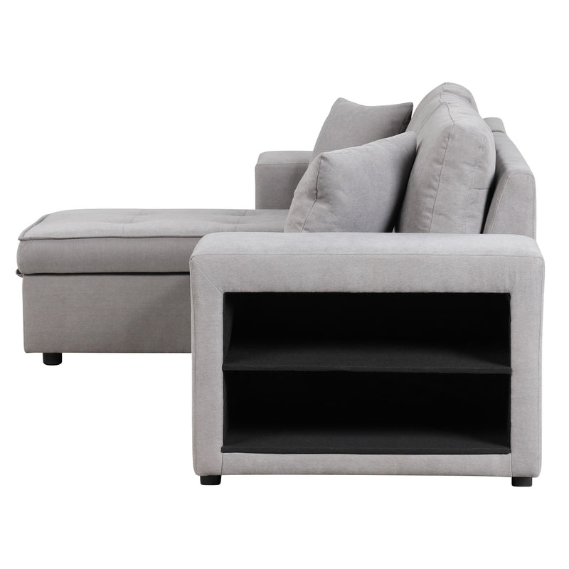 Modern L-Shape 3 Seat Reversible Sectional Couch, Pull Out Sleeper Sofa With Storage Chaise And 2 Stools For Living Room Furniture Set