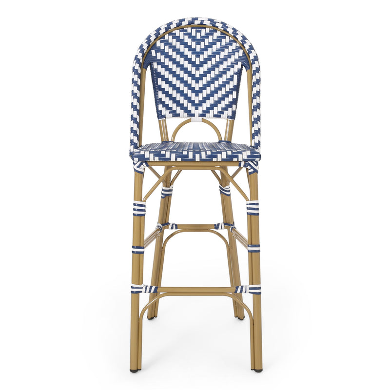 Outdoor Rattan French Barstool Set,, Bamboo, Seat Height - Navy Blue / White