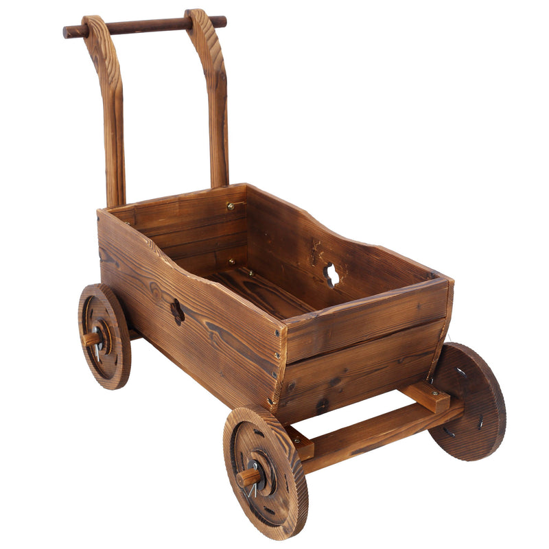 Wooden Wagon Planter Box Mobile Garden Planter With Wheels Handle Drain Hole Wood - Brown