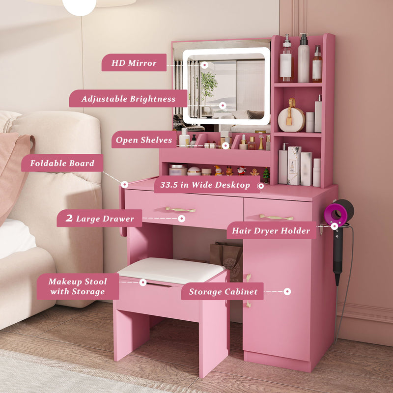 Vanity Desk With LED Mirror Lights And Power Outlet Charging Station, 3 Drawers, 7 Shelves, Storage Stool - Pink