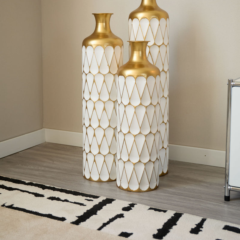 Floor Metal Vase Modern Style Decoration Home Droplet Shaped Metal Vase 3 Piece Set Gorgeous Home Decoration Large Glazed Metal Vase - Gold / White