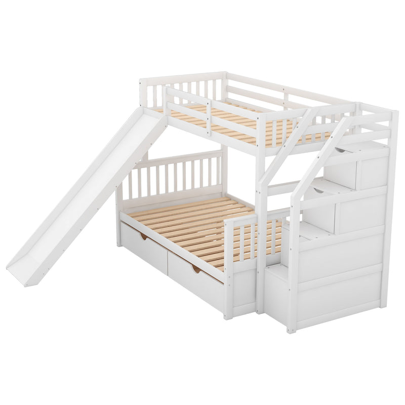 Bunk Bed With Storage Staircase, Slide, Desk, Drawers, And Shelves