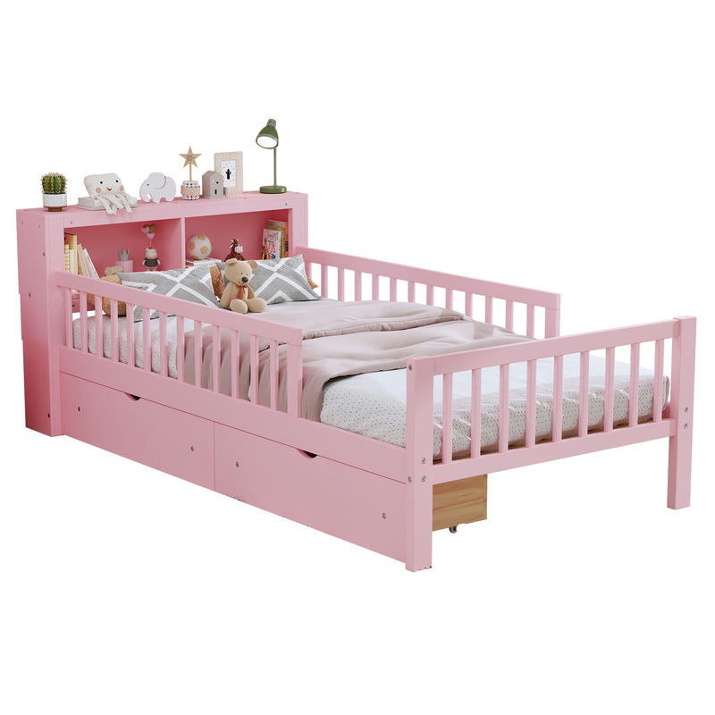 Bed With Headboard Storage Rack, 2 Under Bed Drawers, 3 Side Guardrails For Safety