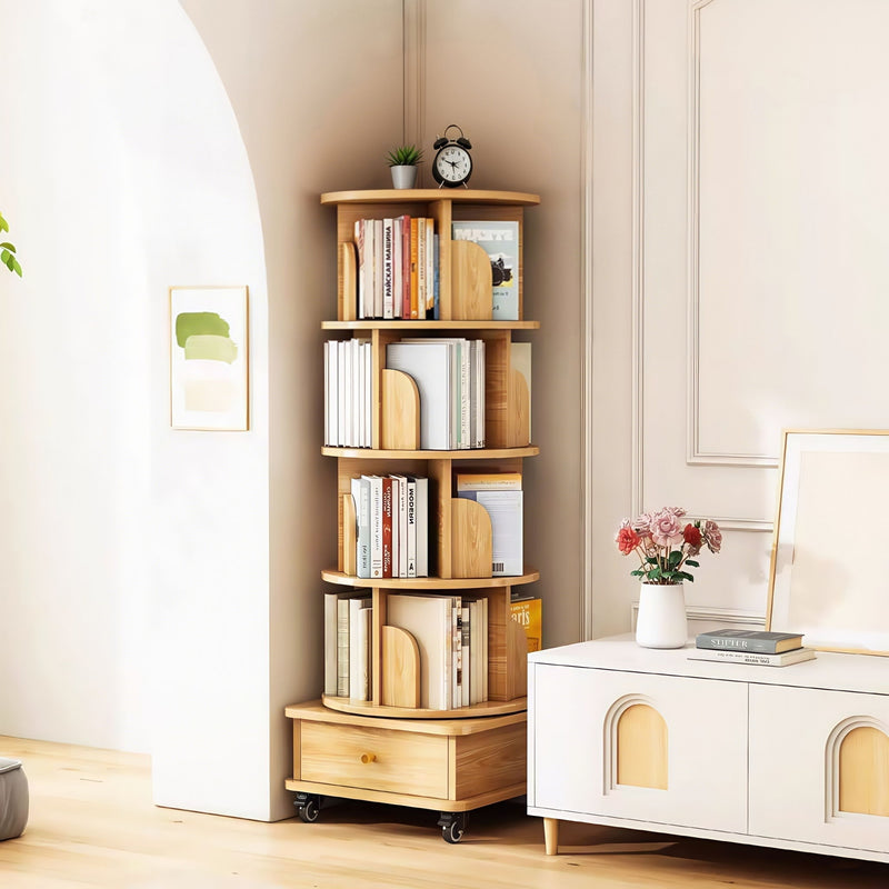 Rotating Bookshelf With Wheels And Drawer, 360° Spinning Design, Space Saving Storage