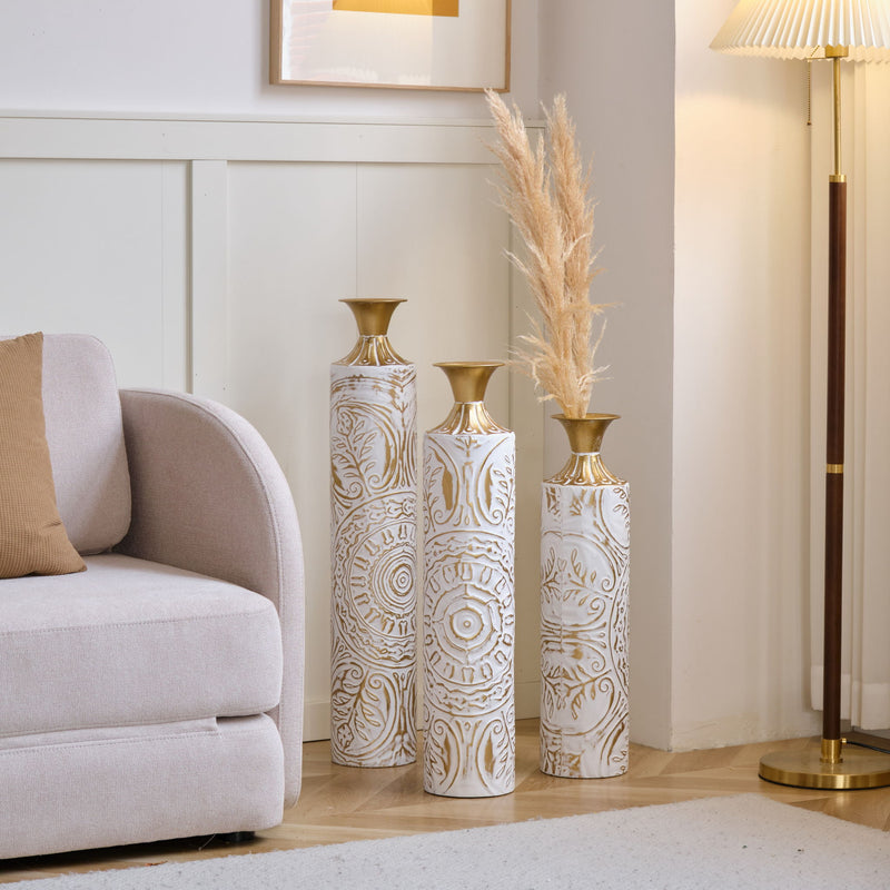Floor Metal Vases Decorated Metal Vases (Set of 3) Gorgeous Home Decoration Large Glazed Metal Vases - White / Gold