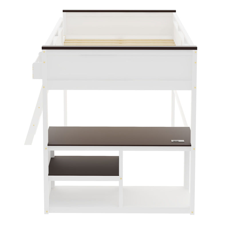 Queen Size Loft Bed With Desk, Open Shelf, Storage Box And USB Charging Station - White