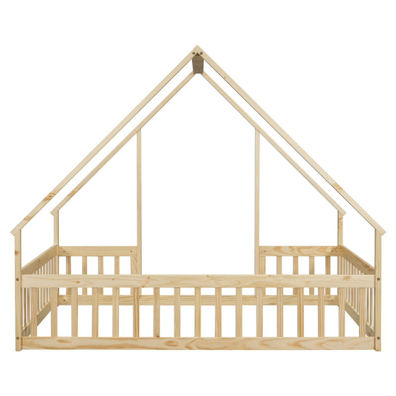 Wood House-Shaped Floor Bed With Fence, Guardrails