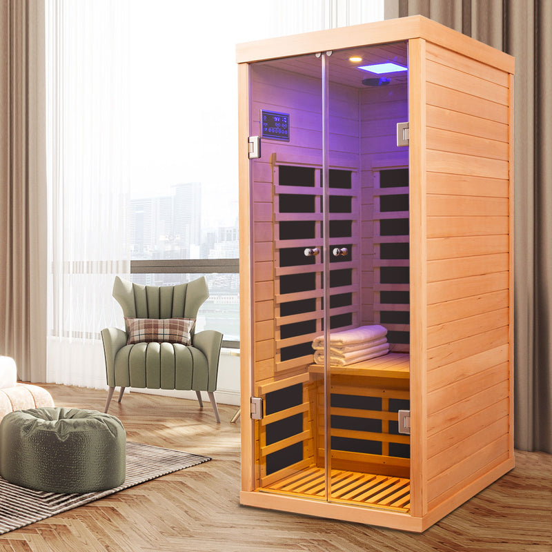 Low EMF, Wide Space Hemlock Double Doors Great Glass Luxury Indoor Far Infrared Sauna Room