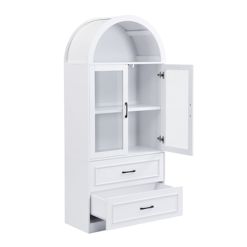 Arched Top Storage Cabinet With Fixed 2 Tier Shelves, 2 Large Drawers
