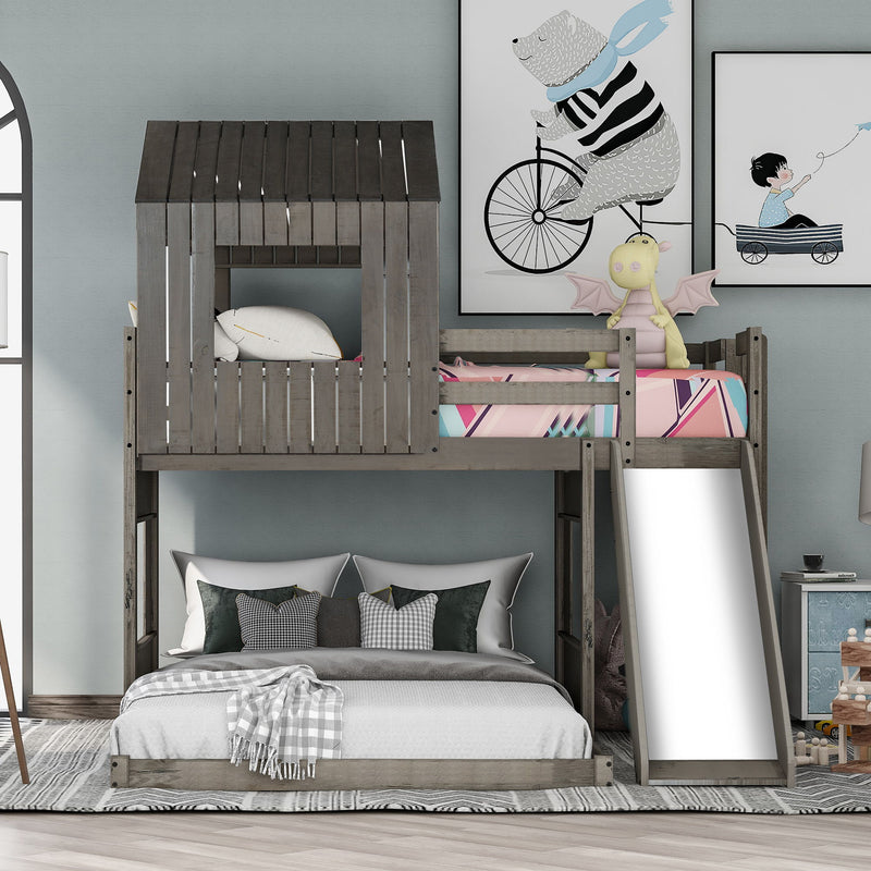 Loft Bunk Bed With Playhouse, Farmhouse, Ladder, Slide And Guardrails