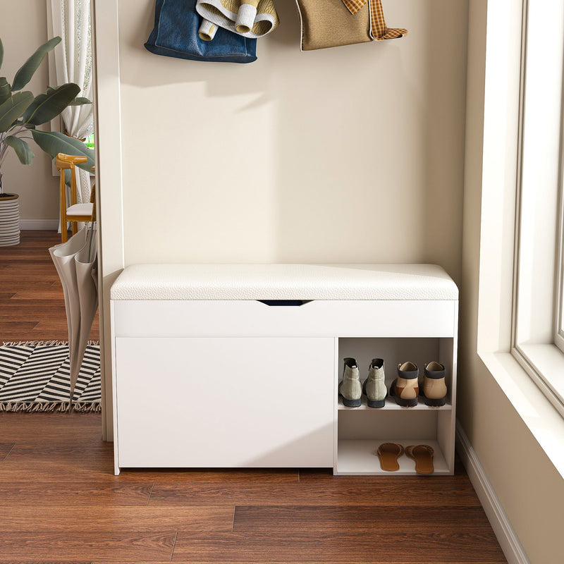 Modern Design Entryway Bench With Adjustable 3 Tier Flip-Up Drawers And Hidden Cabinet - White
