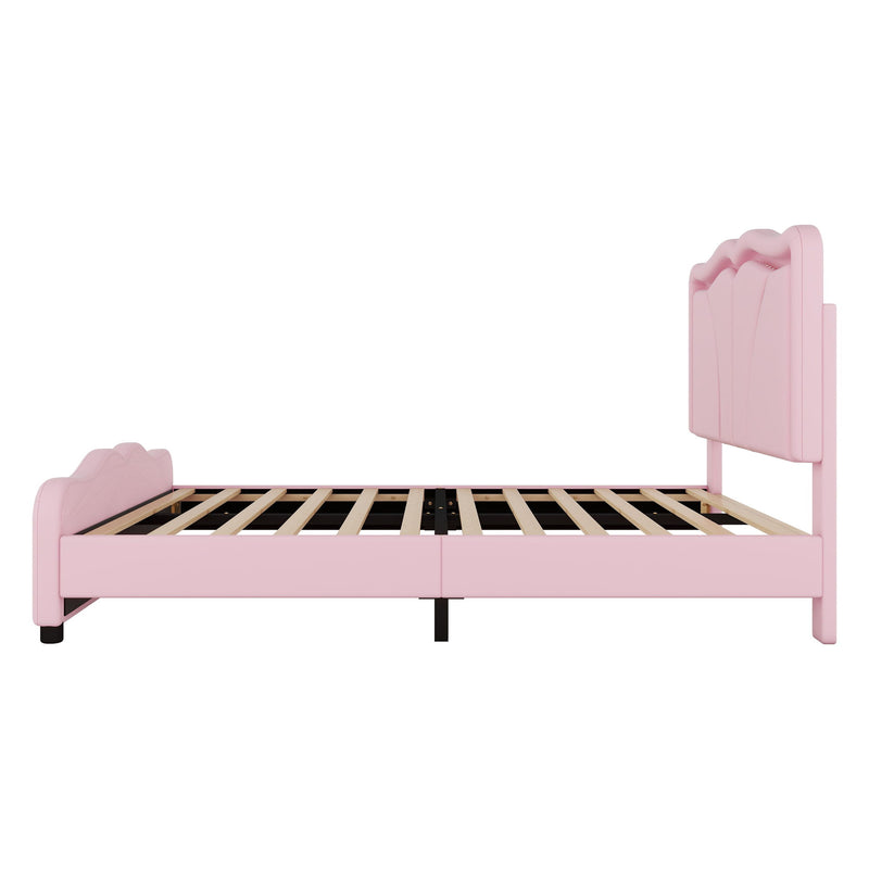Upholstered Platform Bed & Curve Shaped And Height Adjustable Headboard, LED Light Strips