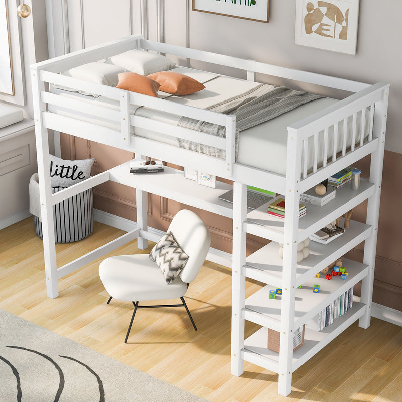 Loft Bed With Storage Shelves And Under Bed Desk