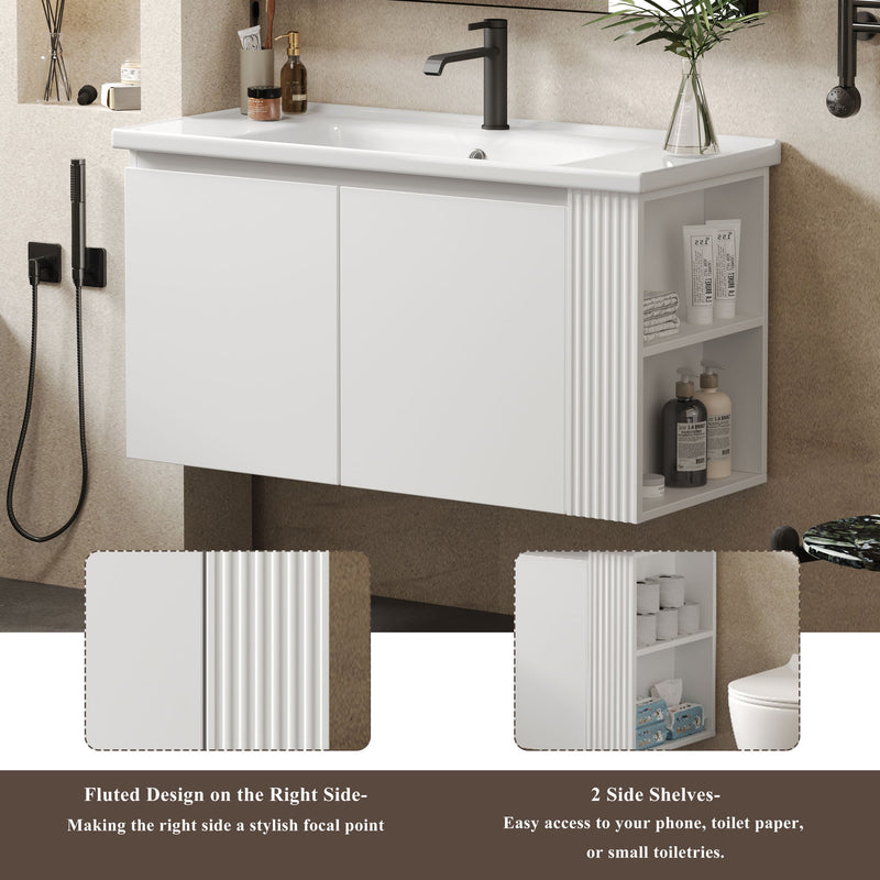 Wall Mounted Bathroom Vanity With Sink, 2 Open Shelves - White
