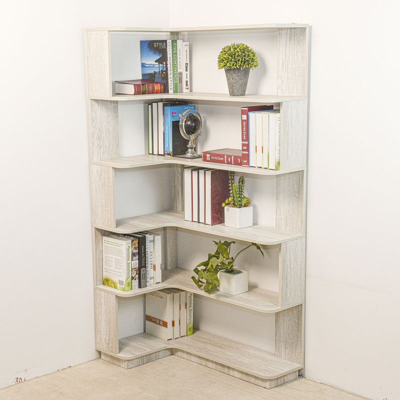 L-Shaped Corner Bookshelf 90Cm Extended Size 5 Tier Freestanding Display Shelf With Anti Tip Safety Features - Light Gray