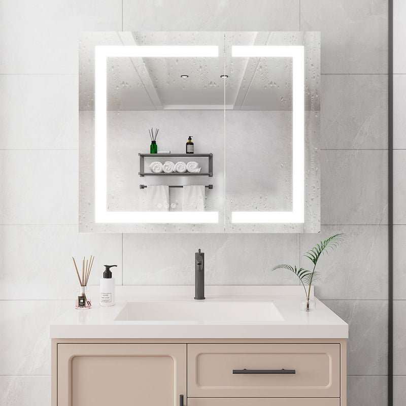 36" X 30" Medicine Cabinet With LED Vanity Mirror, Anti-Fog Recessed Or Surface Mount Bathroom Double Door Large Storage 3000K~6000K Bright Lighted Aluminum Storage Cabinet With Touch Switch - Silver