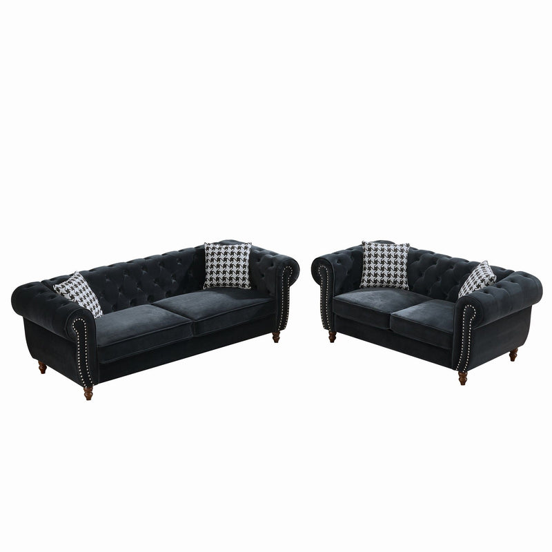 Chesterfield 3 And 2 Seater Upholstery Sofa With Roll Armrest & Nailhead Fabric Couch