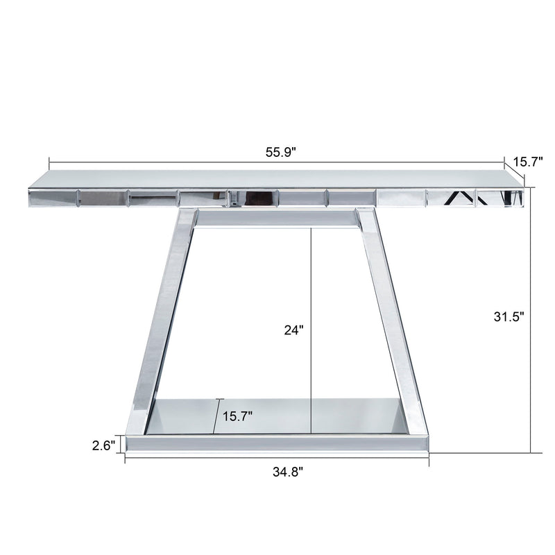 Modern Luxe Full Body Mirror Entryway Table With Trapezoid Base, 360° Reflective Console, Scratch Resistant, Open Storage - Silver