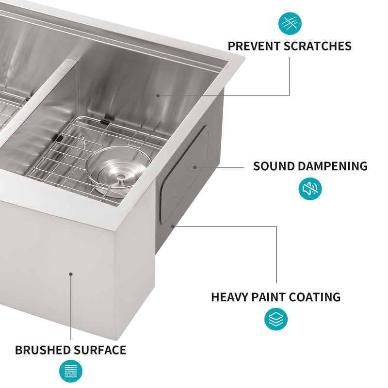 Double Bowl Farmhouse Sink Workstation 33" Stainless Steel 16 Gauge Apron Front - Brushed Nickel