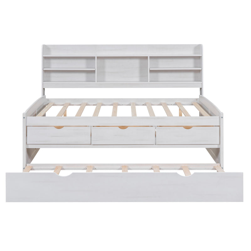 Captain Bed With Built In Bookshelves, 3 Storage Drawers, And Trundle