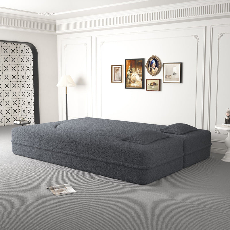 Modern Floor Sofa, With 2 Pillows, Convertible Teddy Fabric Foam Filled Bed