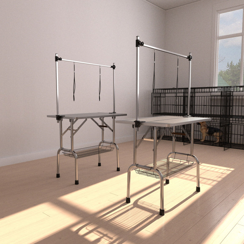 Folding Dog Pet Grooming Table Stainless Steel Frame Rubber Mat On Board With Adjustable Arm And Clamps Pet Dog Cat Grooming Table