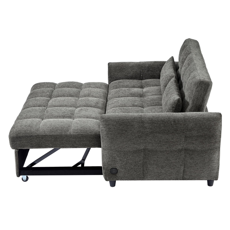 Loveseat Sofa Pull-Out Bed With Adjustable Backrest, 3 USB Ports And 2 Lumbar Pillows For Living Room