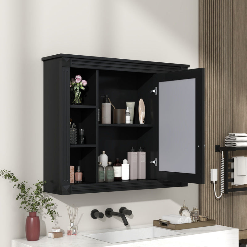 Wall-Mounted Bathroom Storage Cabinet With Mirror, 6 Open Shelves - Black